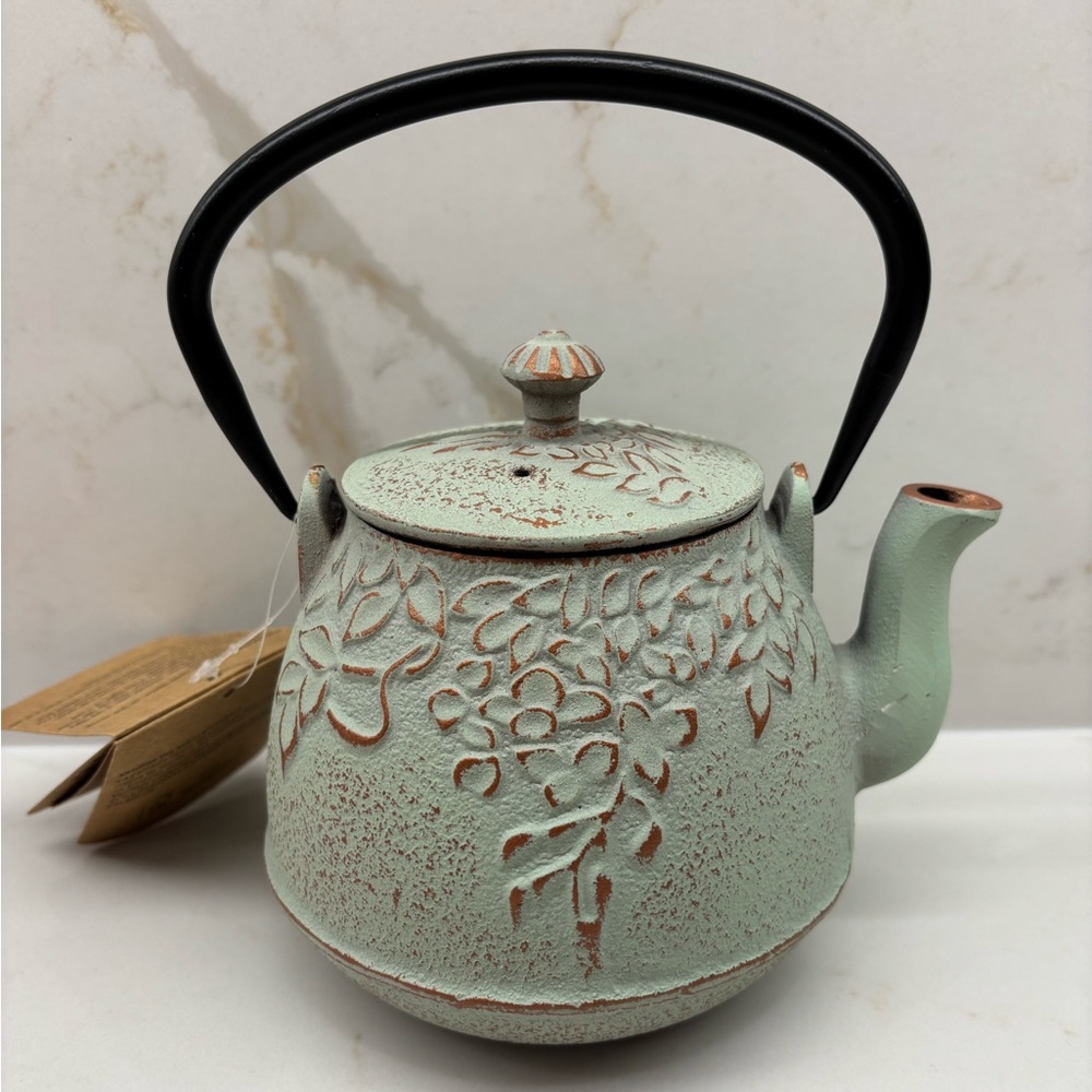 New with Tag Mint Green Cast Iron Teapot Floral Embossed Japanese Style